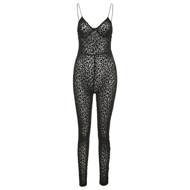 Women's Sexy Low Cut Perspective Mesh Slim Fit Jumpsuit