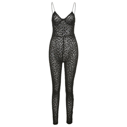 Women's Sexy Low Cut Perspective Mesh Slim Fit Jumpsuit